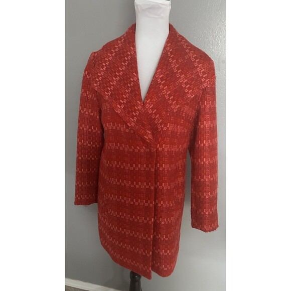 Cabi Sloan Red Pink Wool Blend Tweed Coat Sz S Snap Close Dbl Breasted Pea Coat - Picture 1 of 7